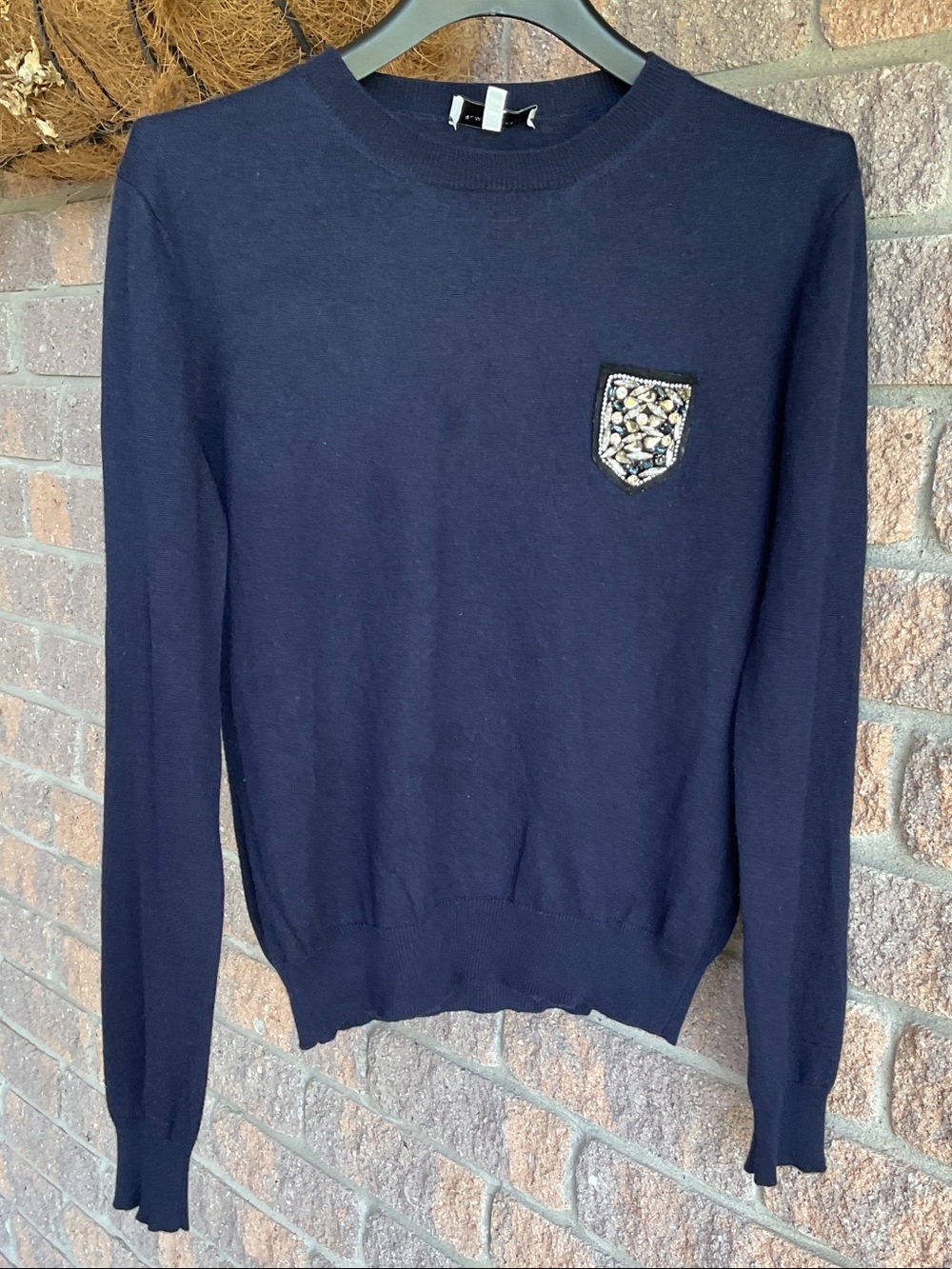 Women’s Navy Crewneck Sweater with Beaded Pocket Accent